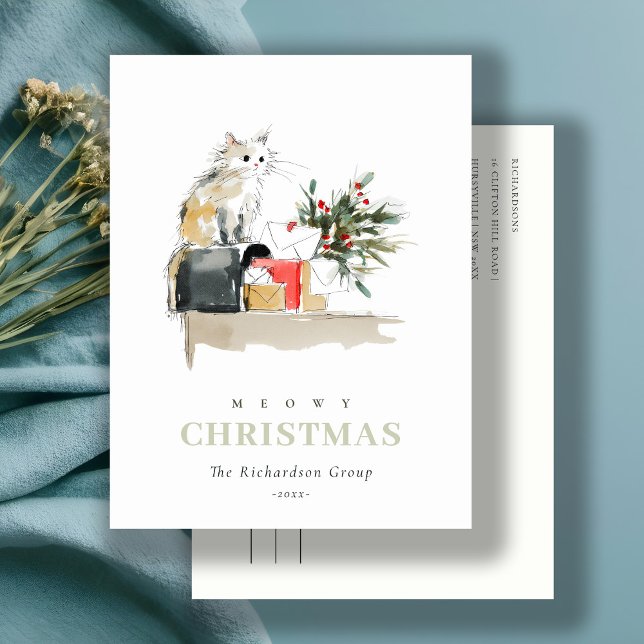 Cute Meowy Christmas Gift Cat Corporate Logo Holiday Postcard (Creator Uploaded)