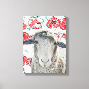 Cute Merino Sheep Animal Red Poppy Flowers Canvas Print