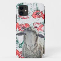 Cute Merino Sheep Animal Red Poppy Flowers
