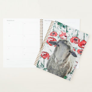 Cute Merino Sheep Animal Red Poppy Flowers Planner