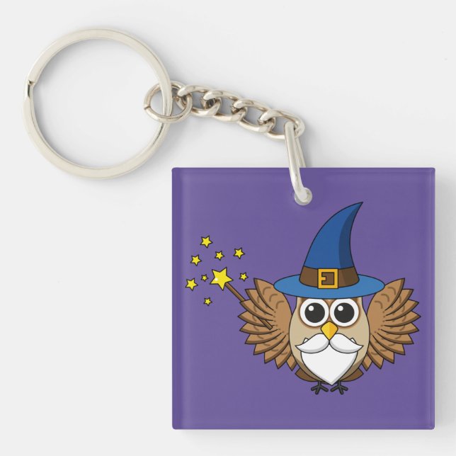 Cute Merlin the Wizard Owl Cartoon Key Ring (Front)