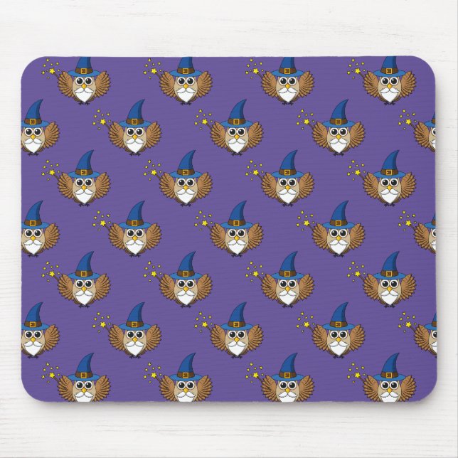 Cute Merlin the Wizard Owl Cartoon Mouse Pad (Front)