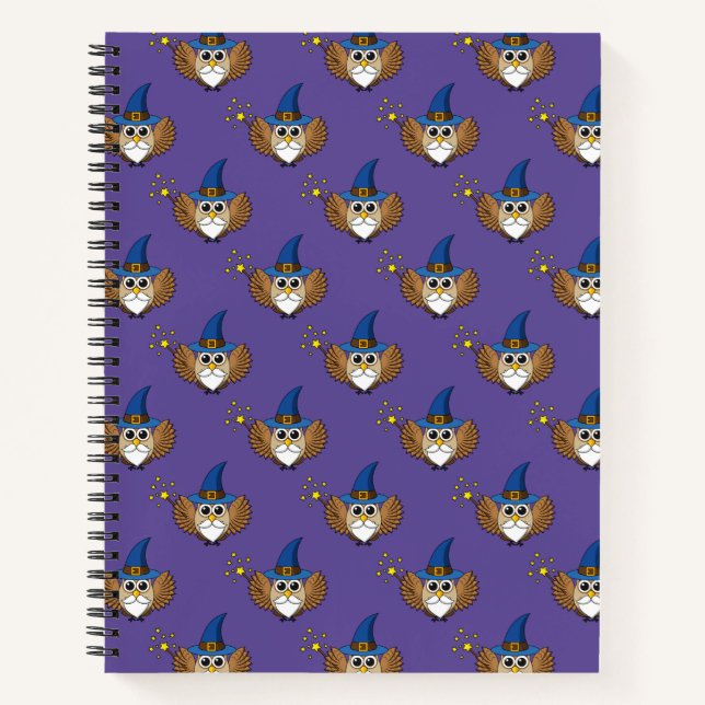 Cute Merlin the Wizard Owl Cartoon Notebook (Front)
