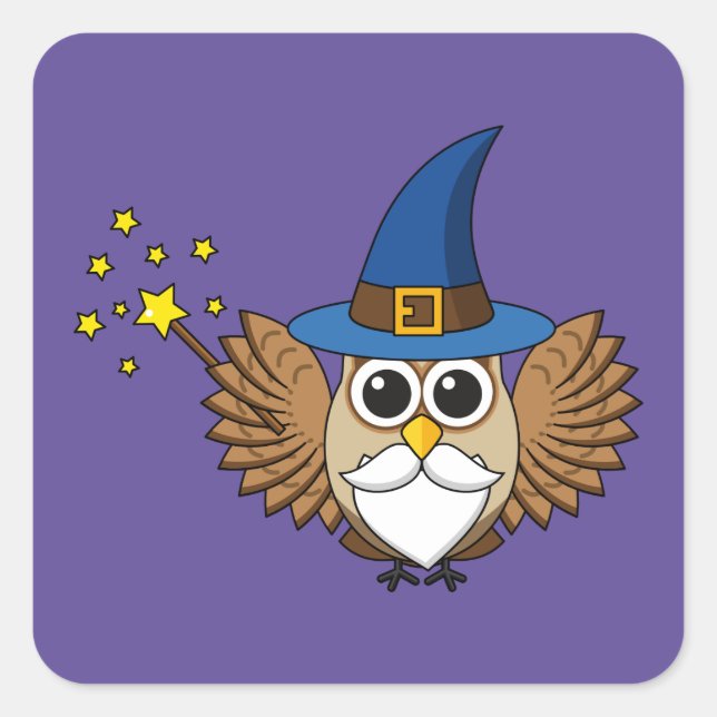 Cute Merlin the Wizard Owl Cartoon Square Sticker (Front)