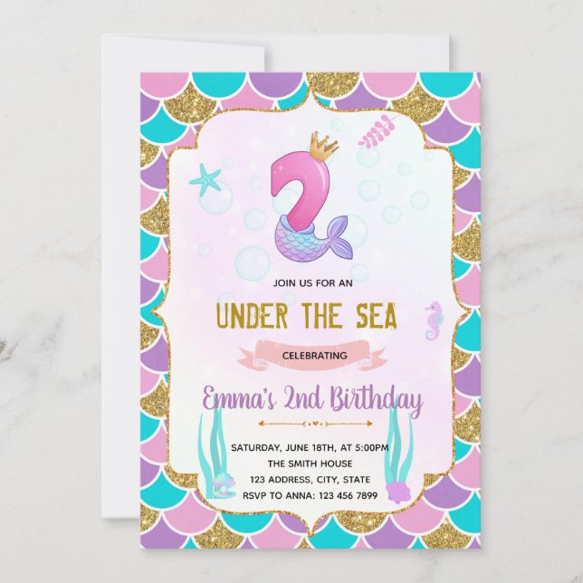 Cute mermaid 2nd birthday invitation (Front)