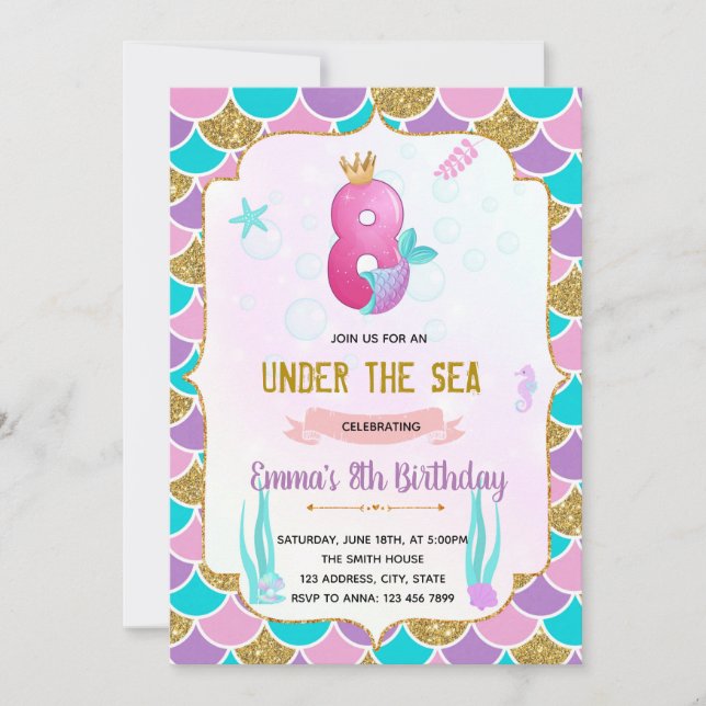 Cute mermaid 8th birthday  invitation (Front)
