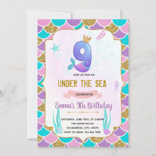 Cute mermaid 9th birthday invitation