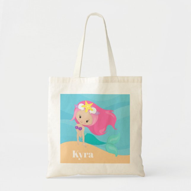 Cute mermaid add name girls beach tote bag (Front)