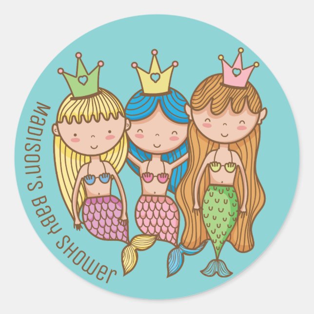 Cute Mermaid and Friends Baby Shower Invitation Classic Round Sticker (Front)