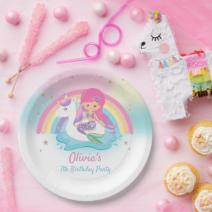 Cute Mermaid and Unicorn Pool Birthday Party Paper Plate