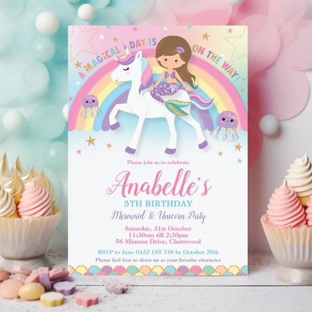 Cute Mermaid and Unicorn Rainbow Birthday  Invitation (light brown haired mermaid and unicorn rainbow pool birthday party invitation cards printed download)