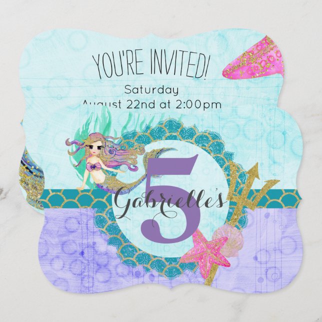 Cute Mermaid Aqua Little Girl Birthday Invitation (Front/Back)