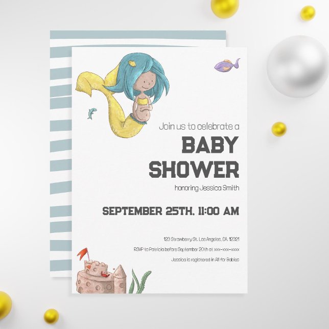 Cute Mermaid Baby Shower Invitation (Unique mermaid baby shower invitation with a pregnant mermaid swimming among fish)
