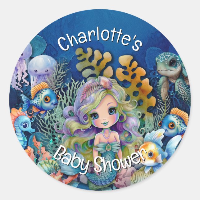 Cute Mermaid Baby Shower Invitation Classic Round Sticker (Front)