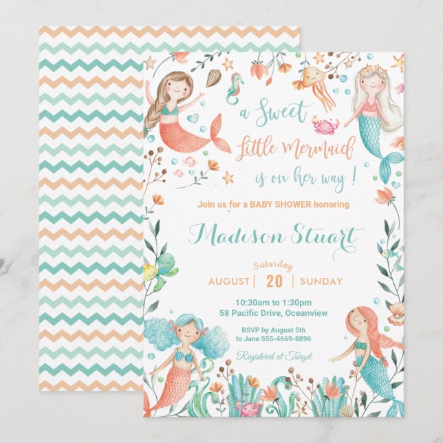 Cute Mermaid Baby Shower Under the Sea Baby Girl Invitation (Front/Back)