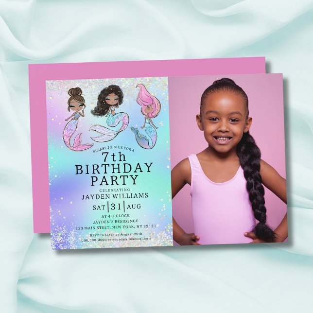 Cute Mermaid Birthday Black Hair Girl Photo Invitation (Creator Uploaded)