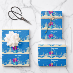 Cute Mermaid Birthday Girl Custom Blue Ocean Wrapping Paper Sheet