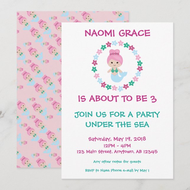 Cute Mermaid Birthday Invitation Pink Pattern (Front/Back)