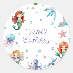 Cute Mermaid Birthday Party Classic Round Sticker