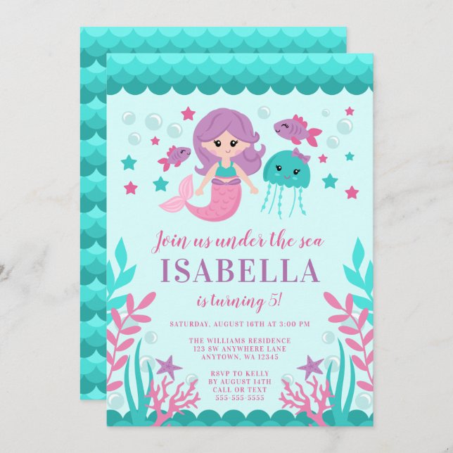 Cute Mermaid Birthday Party Invitations (Front/Back)