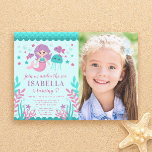 Cute Mermaid Birthday Party Photo Invitation