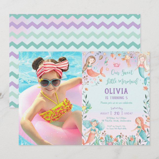 Cute Mermaid Birthday Rainbow Under the Sea Photo Invitation (Front/Back)