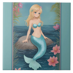 Cute Mermaid - Blonde Cartoon girl with blue tail Tile