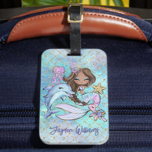 Cute Mermaid Brown Girl Custom Name Kids Luggage Tag