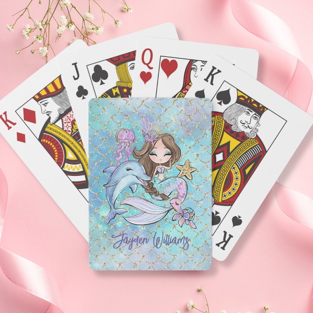 Cute Mermaid Brown Hair Custom Name Girl Birthday Playing Cards (Cute Mermaid Brown Hair Custom Name Girl Birthday Poker Cards
)