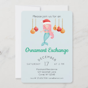 Cute Mermaid Christmas Ornament Exchange Party Invitation