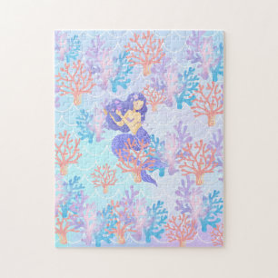 Cute mermaid colourful coral fish sea Birthday kid Jigsaw Puzzle