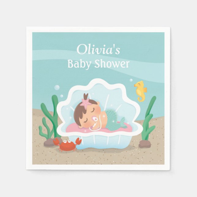Cute Mermaid Girl Baby Shower Party Napkins (Front)