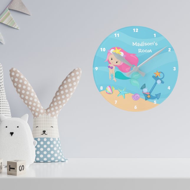 Cute Mermaid Girl Beach House Personalised Kids Round Clock (Creator Uploaded)