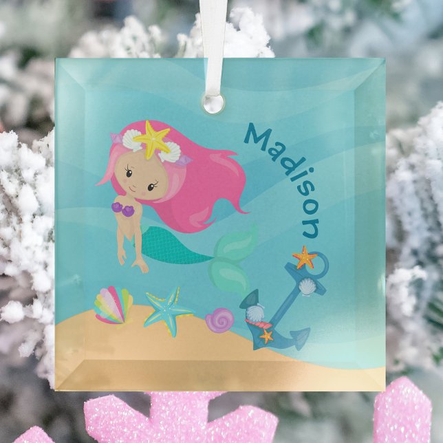 Cute Mermaid Girl Beach Personalised Christmas Glass Tree Decoration (Creator Uploaded)