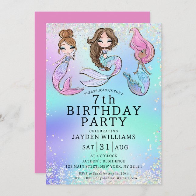 Cute Mermaid Girl Birthday Invitation (Front/Back)