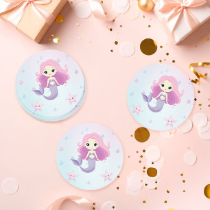 Cute Mermaid Girl Birthday Party Round Paper Coaster