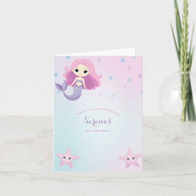 Cute Mermaid Girl Birthday Party Thank You Card (Front)
