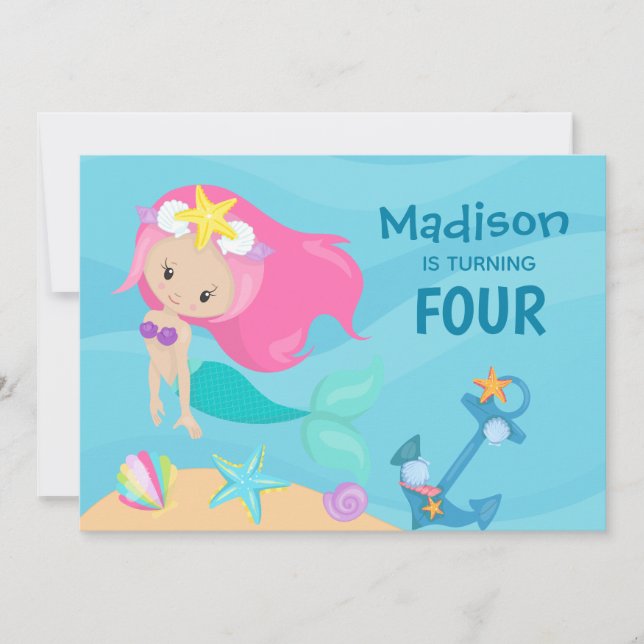 Cute Mermaid Girl Custom Birthday Party Invitation (Front)