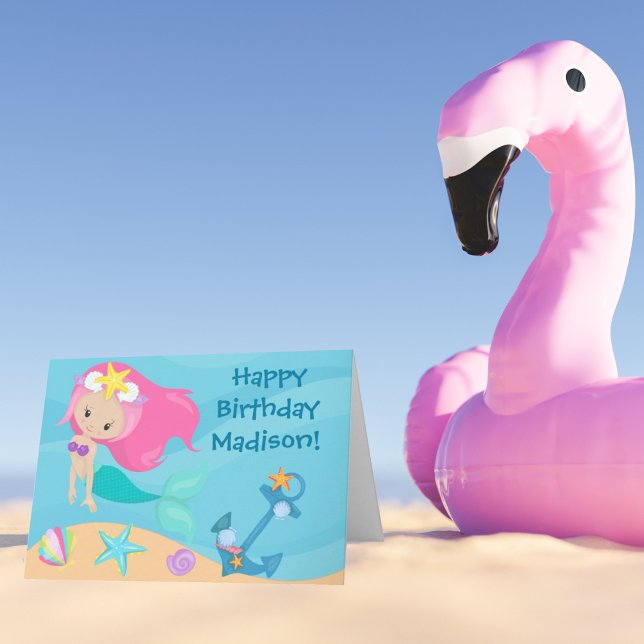 Cute Mermaid Girl Custom Kids Beach Happy Birthday Card (Creator Uploaded)