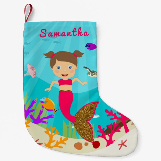 Cute Mermaid Girl in Colourful Ocean Ceramic Ornam Small Christmas Stocking (Front)