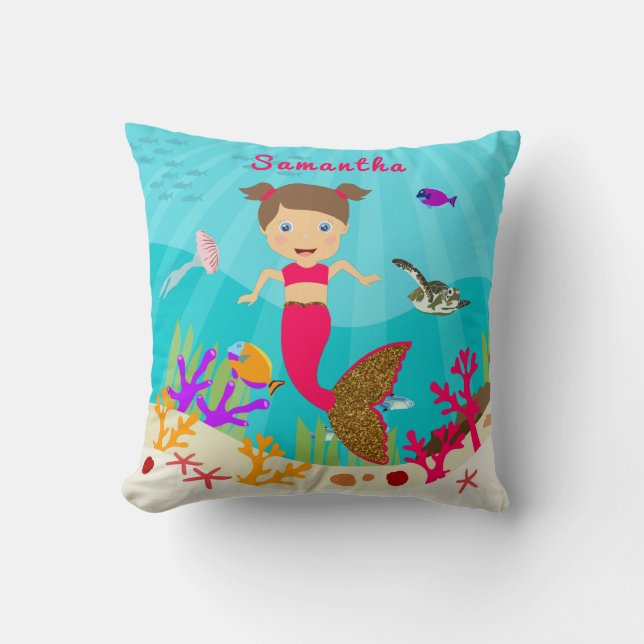 Cute Mermaid Girl in Colourful Ocean Cushion (Front)