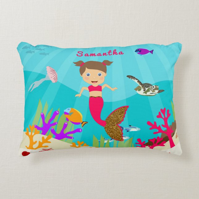 Cute Mermaid Girl in Colourful Ocean Decorative Cushion (Front)