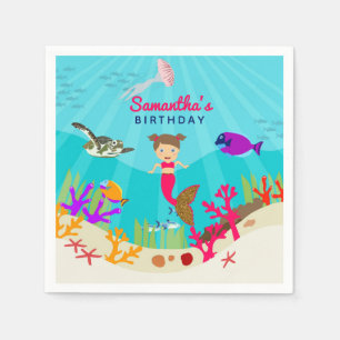Cute Mermaid Girl in Colourful Ocean Girl Birthday Napkin