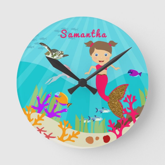 Cute Mermaid Girl in Colourful Ocean Nursery  Round Clock (Front)