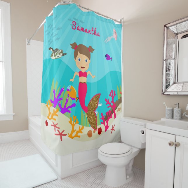 Cute Mermaid Girl in Colourful Ocean Shower Curtain (In Situ)