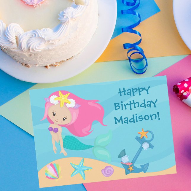 Cute Mermaid Girl Personalised Kids Happy Birthday Card (Creator Uploaded)