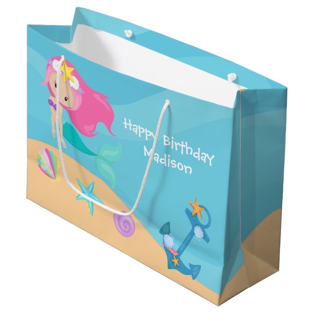 Cute Mermaid Girl Personalised Summer Birthday Large Gift Bag (Front Angled)