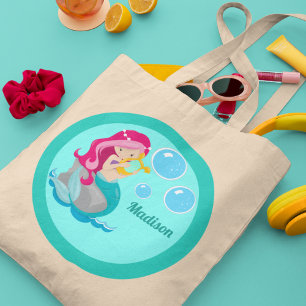 Cute Mermaid Girl Personalised Teal Kids Tote Bag