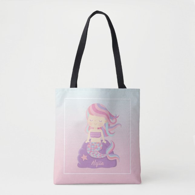 Cute Mermaid Girl Pink Blue Ombre Tote Bag (Front)