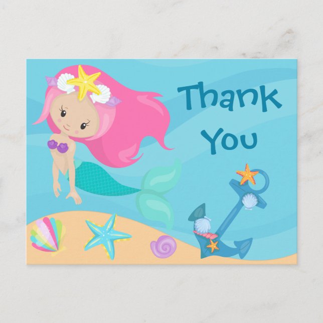 Cute Mermaid Girl Thank You Beach Birthday Kids Postcard (Front)